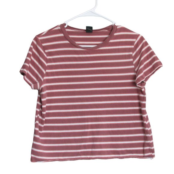 Wild Fable Crop‎ Top Belly Shirt Womens Medium Pink Mauve Striped Short Sleeve - Picture 1 of 3